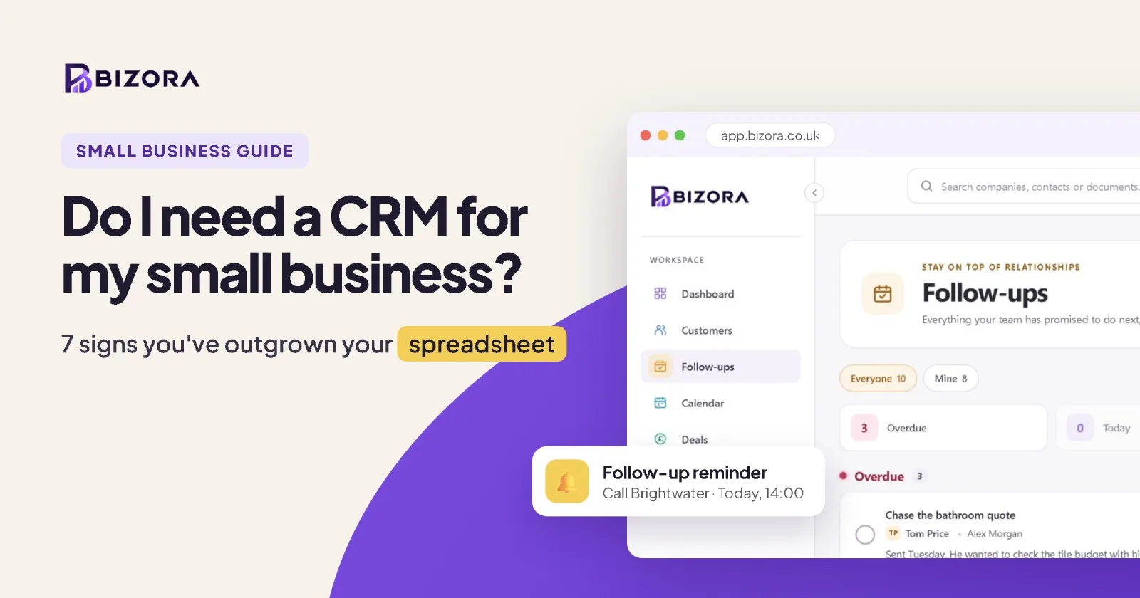 Do I need a CRM: Bizora follow-ups showing the call-backs that are overdue