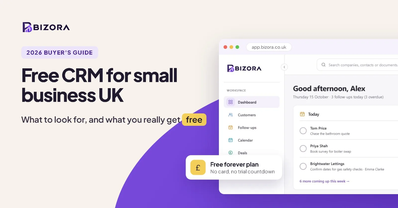 Free CRM for small business UK: the Bizora Today screen on the free forever plan