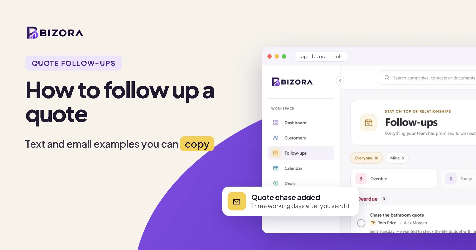 How to follow up a quote: a Bizora CRM follow-up reminding you to chase a quote three working days after sending it