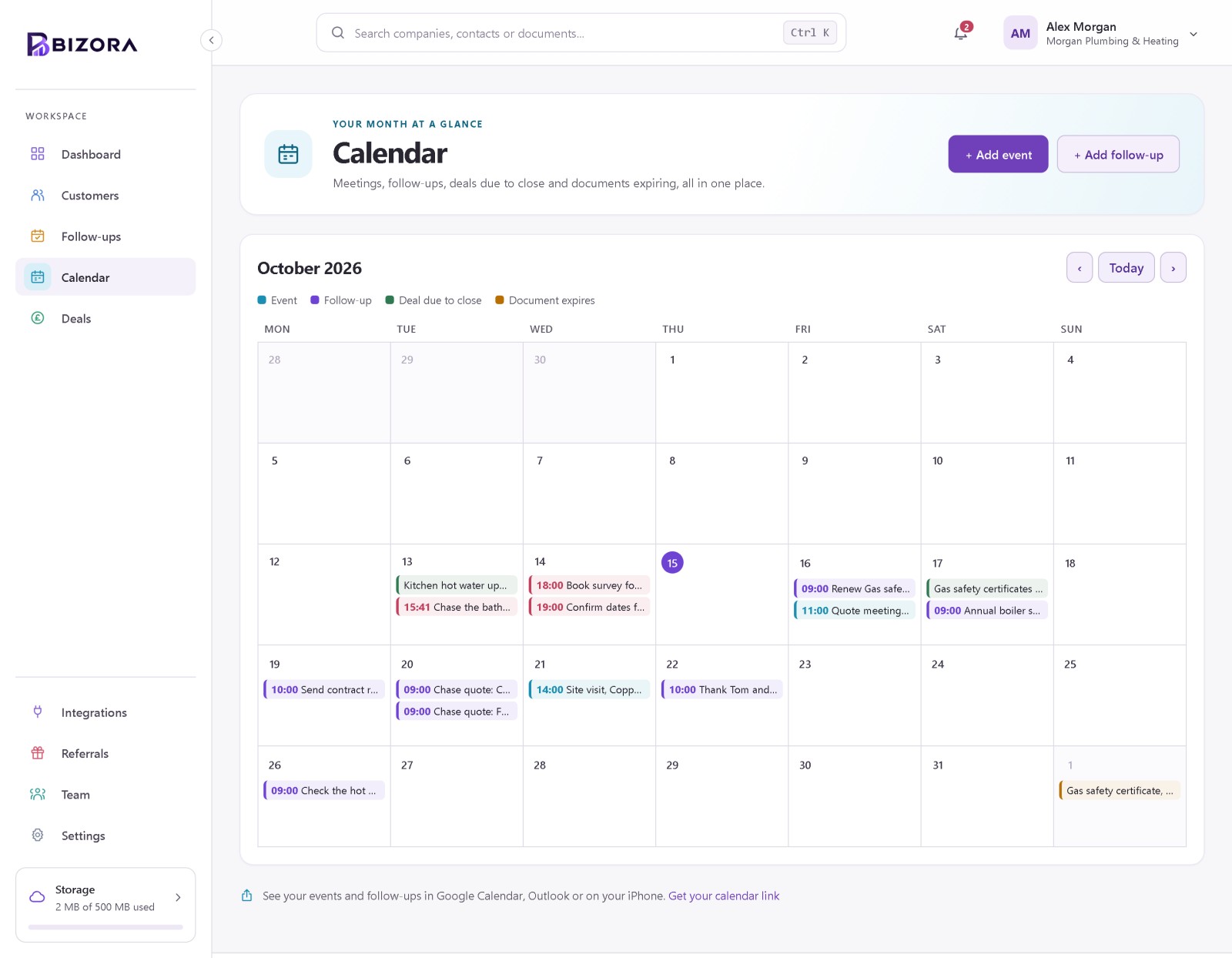 CRM calendar: the Bizora calendar showing a month of meetings, follow-ups, deals due to close and a certificate expiring