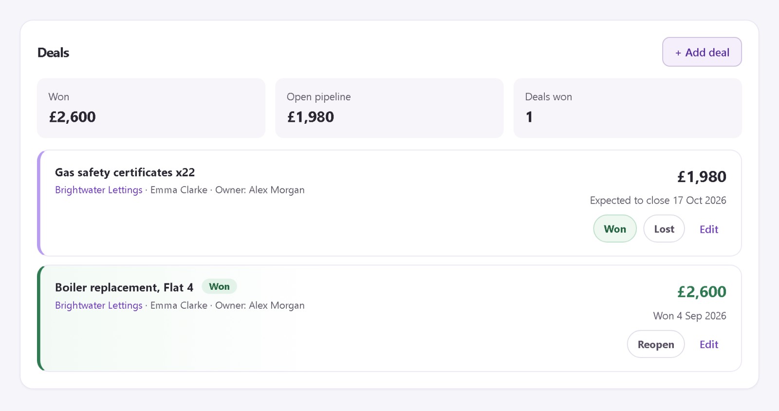 CRM for joiners and carpenters: a Bizora customer profile with its jobs and their values