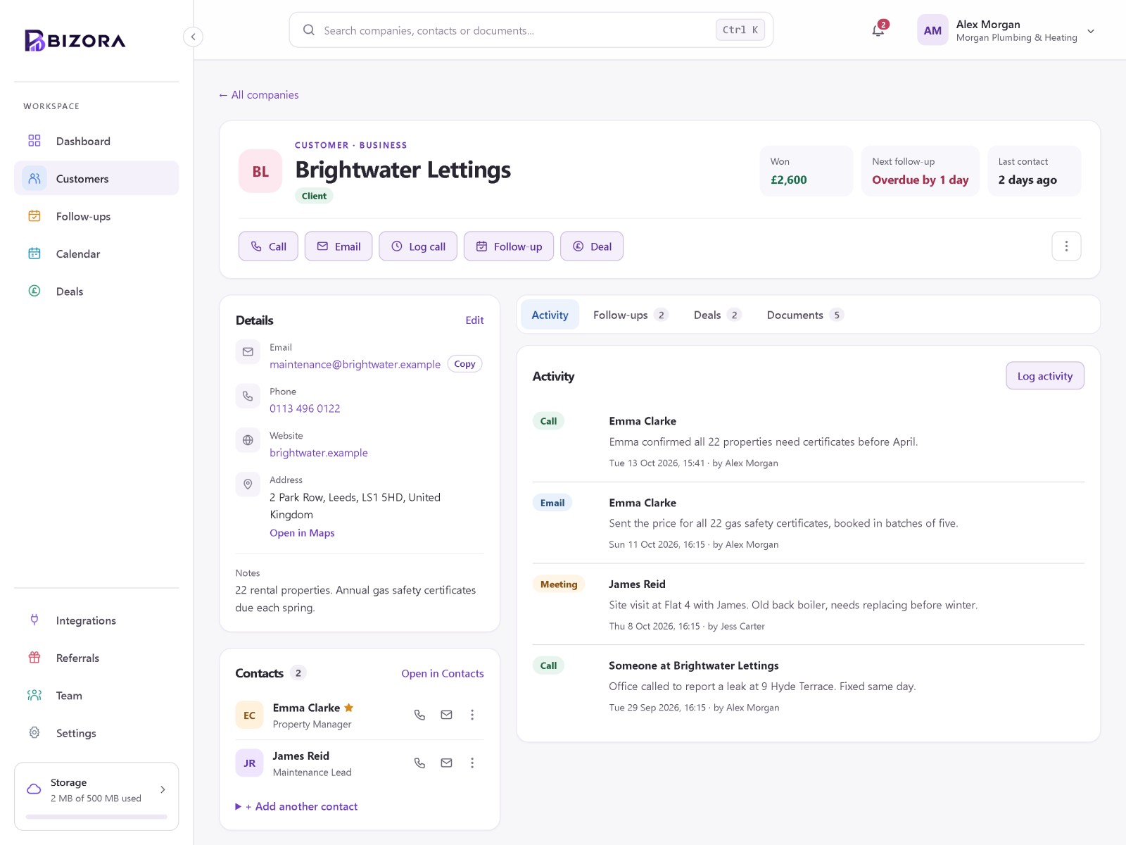 A Bizora company profile with contact details, notes and linked contacts