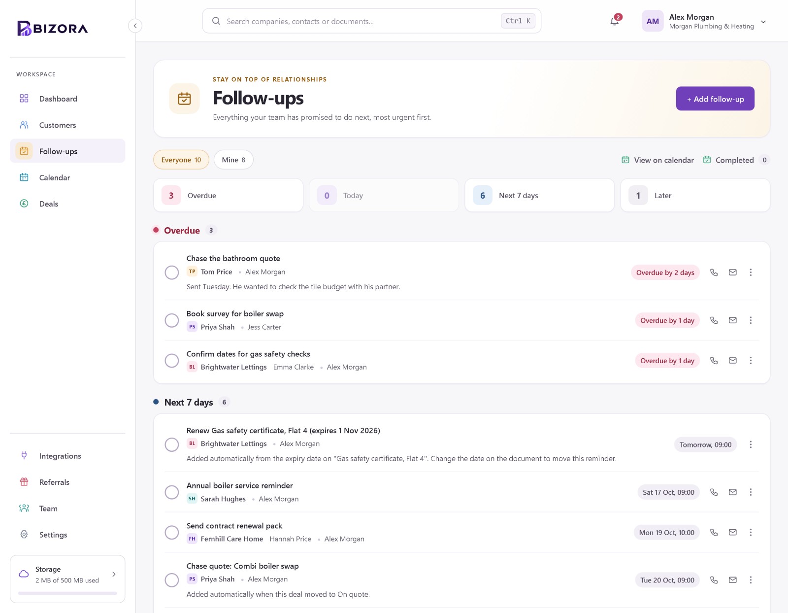 CRM for sole traders: a Bizora contact record with a dated follow-up and recent logged activity