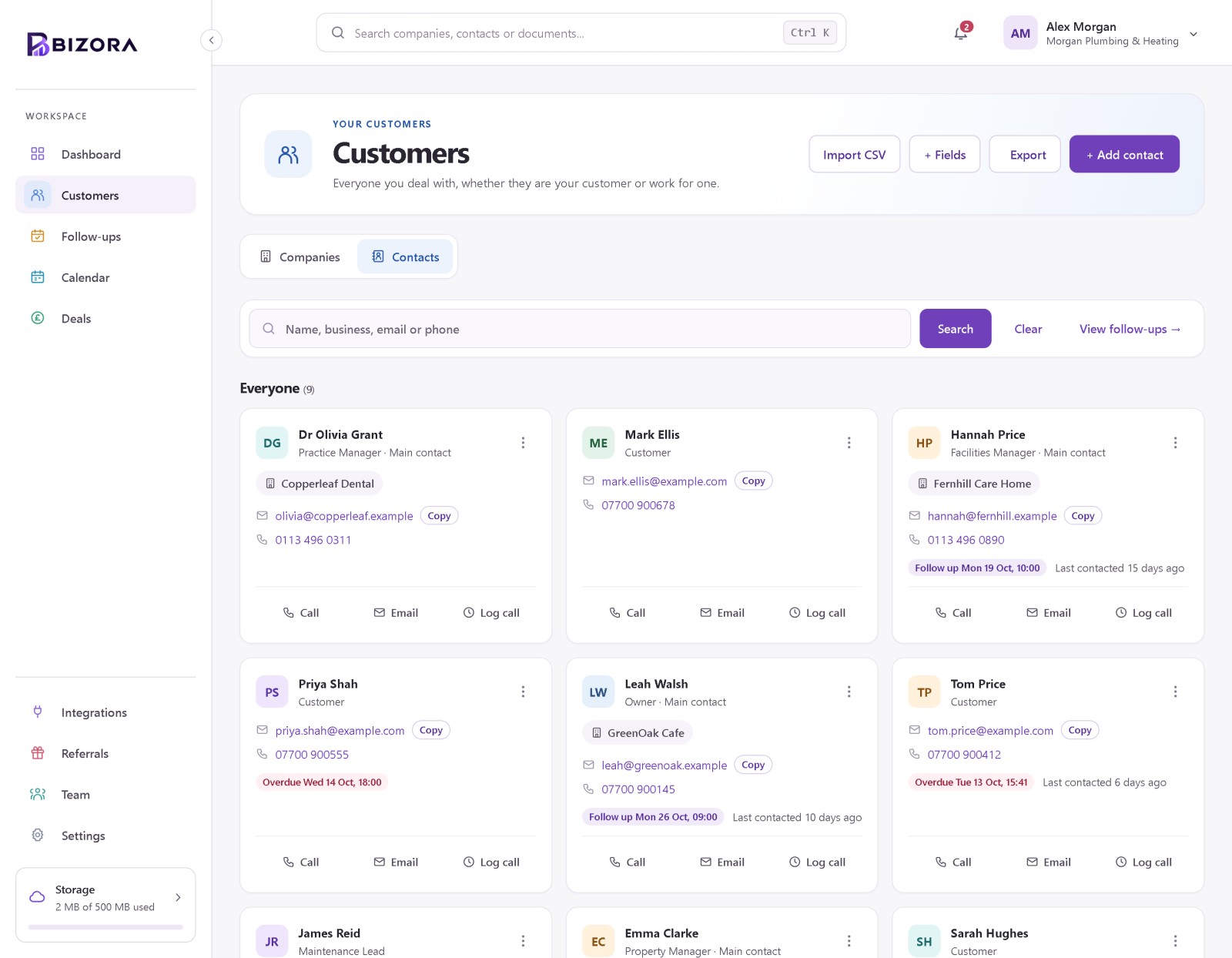 The Bizora contact directory with each person linked to their company