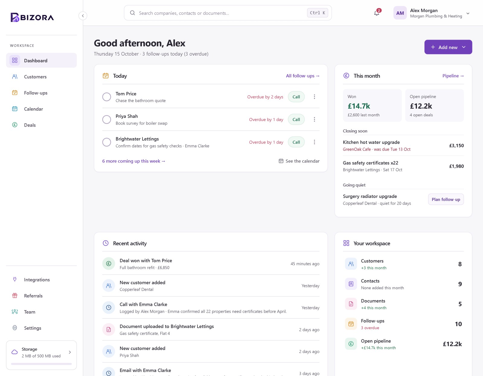 CRM for IT consultancies: the Bizora dashboard with follow-ups, pipeline and recent activity