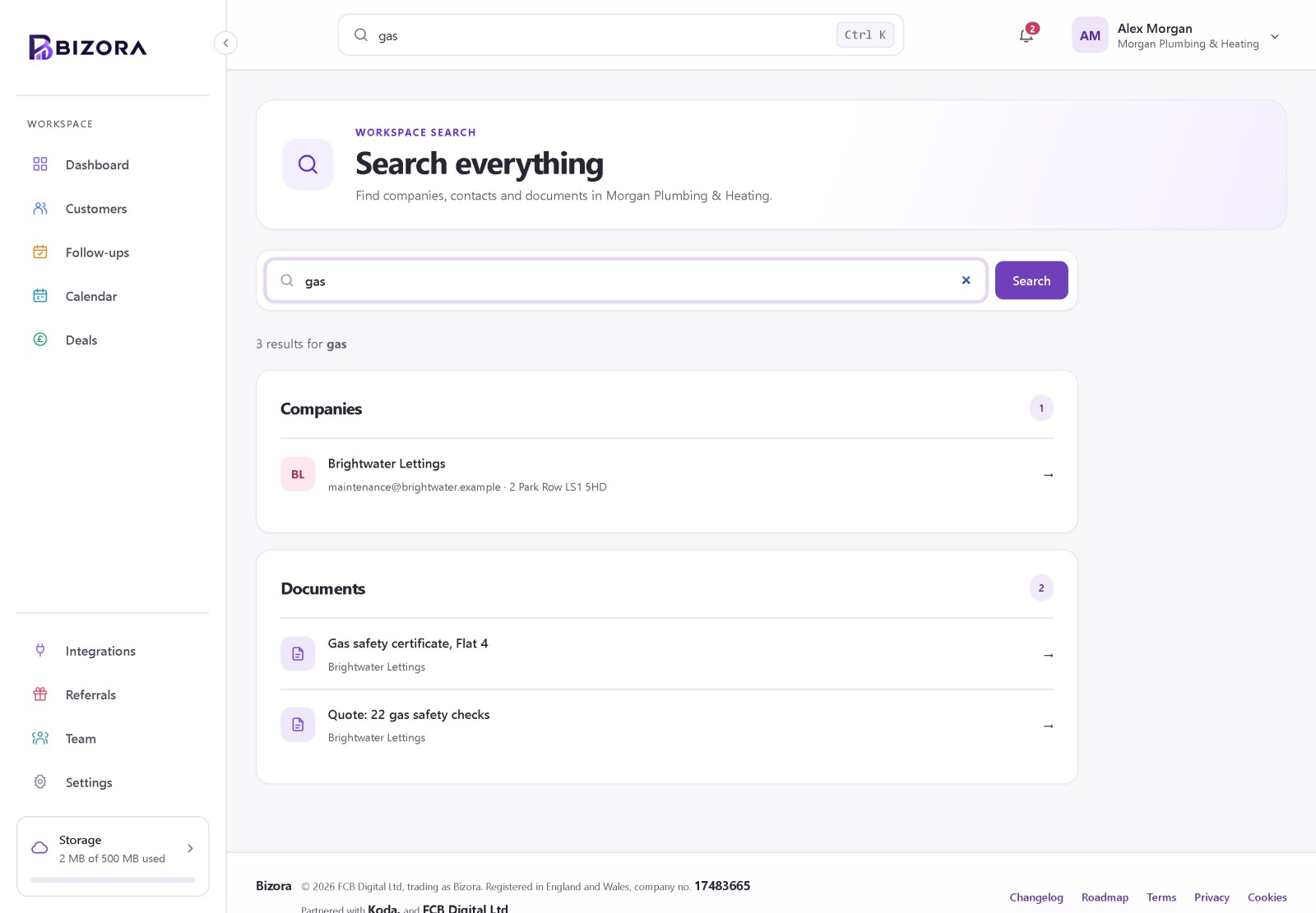 Bizora workspace search results across companies, contacts and documents