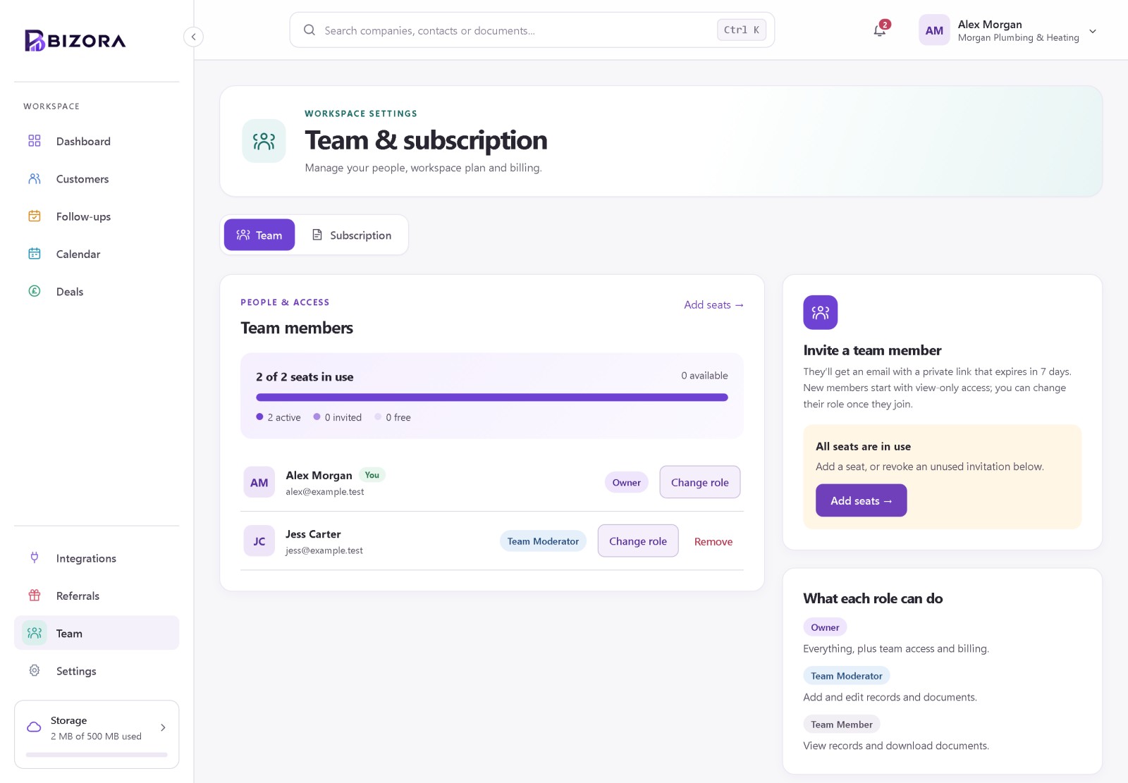 Bizora team members with Owner, Team Moderator and Team Member roles